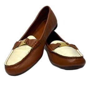Lauren Ralph Lauren Cream Brown‎ Loafer LRL Monogram Buckle Size 6 Preppy